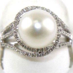 Pearl & Diamond Bridge Ring 14k WG 10.5mm .36Ct